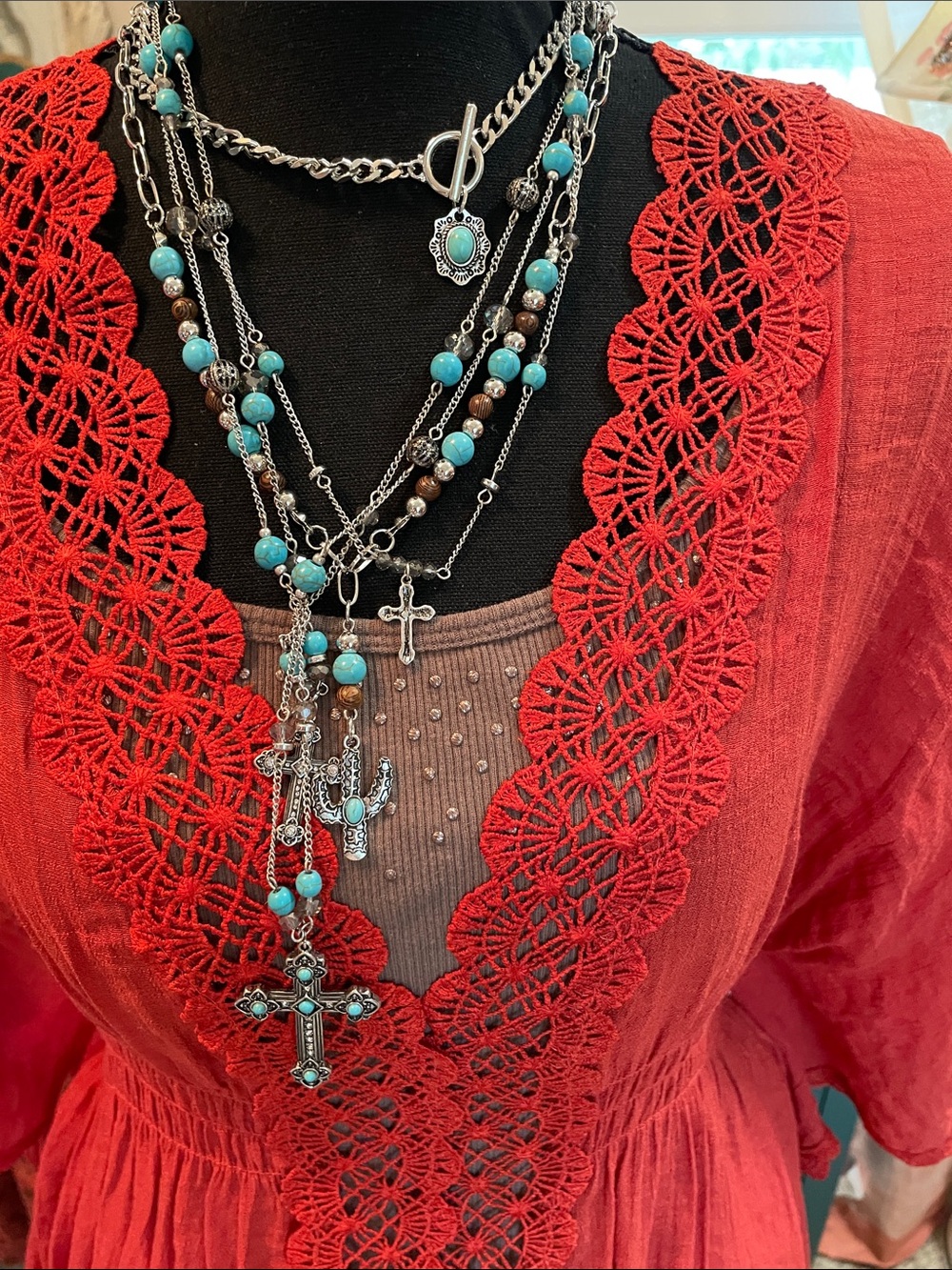Boho Lace-Trim Rust Women's Top with Tassel Hem - Picture 14 of 17